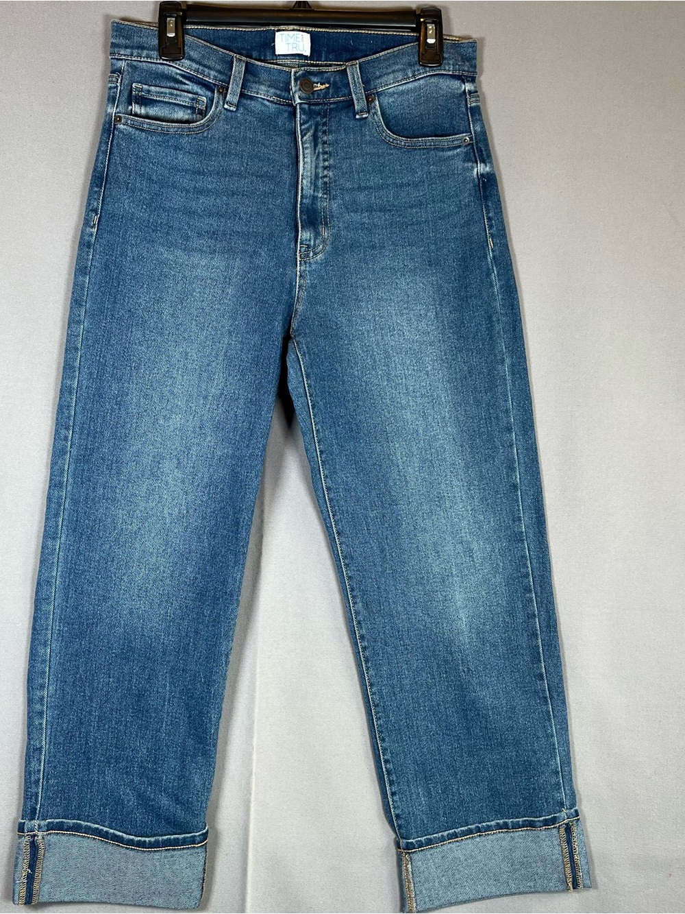 Time&Tru Women’s sz10 Blue Straight-Leg Wide Cuff Ankle Jeans Stretch Classic